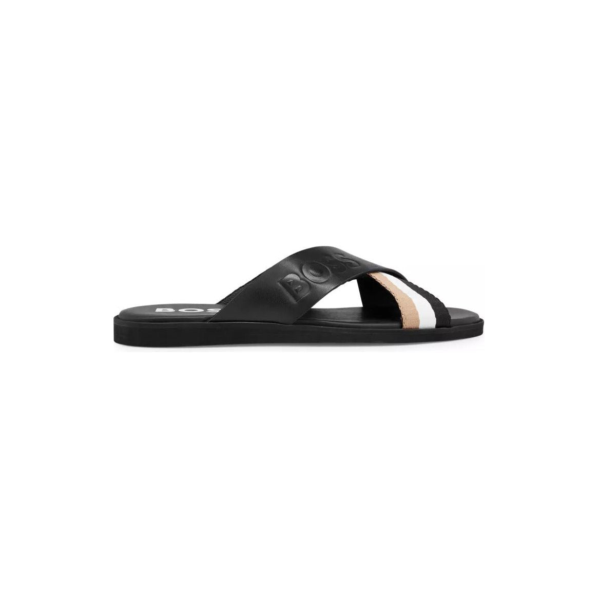 BOSS LEATHER SLIDES WITH SIGNATURE STRIPE AND LOGO - Yooto