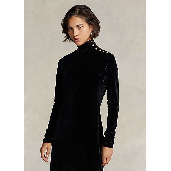 POLO RALPH LAUREN STRETCH VELVET ROLL NECK MIDI DRESS - Yooto