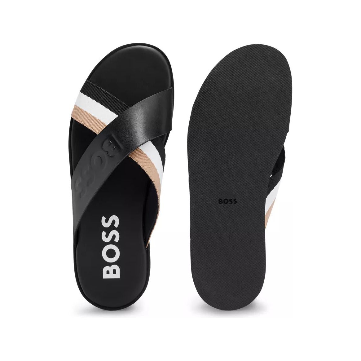BOSS LEATHER SLIDES WITH SIGNATURE STRIPE AND LOGO - Yooto