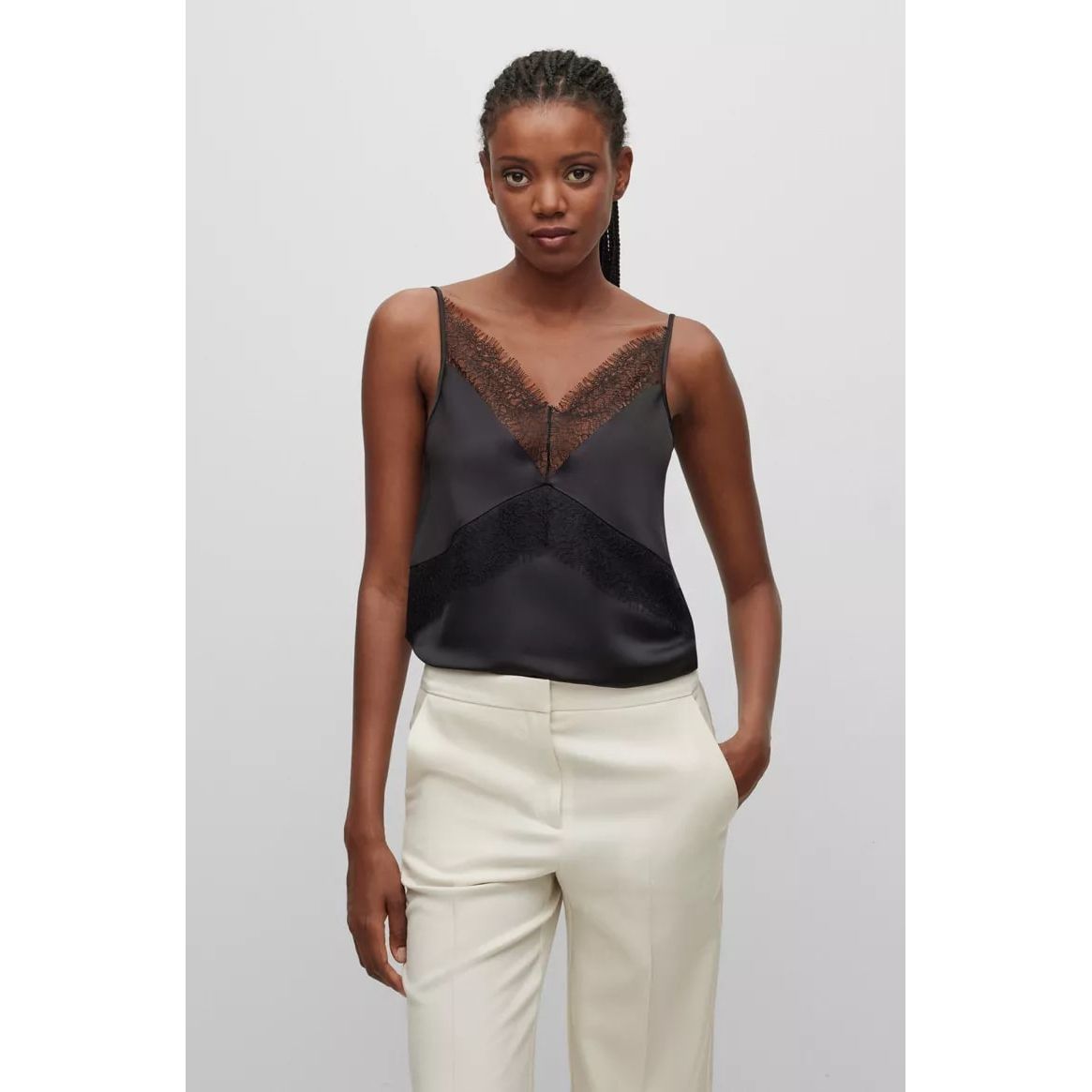 BOSS HEAVYWEIGHT-SATIN CAMISOLE WITH LACE TRIM - Yooto