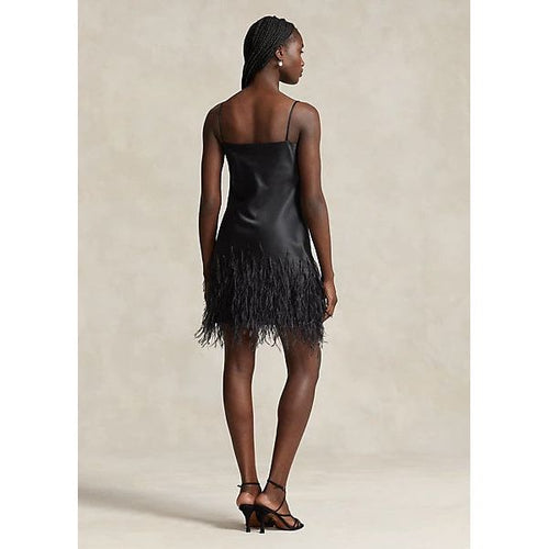 Load image into Gallery viewer, POLO RALPH LAUREN FEATHER-TRIM SATIN COCKTAIL DRESS - Yooto
