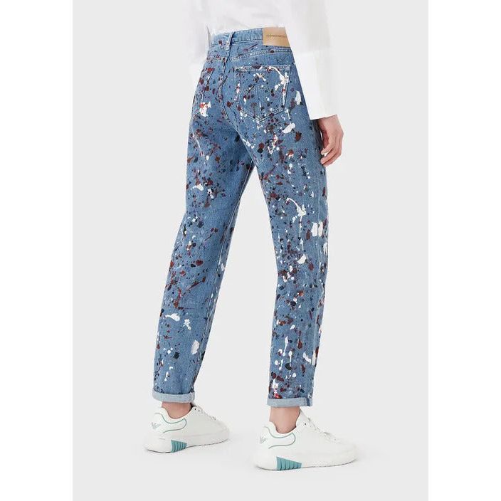 EMPORIO ARMANI J15 MEDIUM-WAIST, CROPPED, RELAXED-LEG, VINTAGE-LOOK DENIM JEANS WITH MULTICOLOURED SPOTS - Yooto