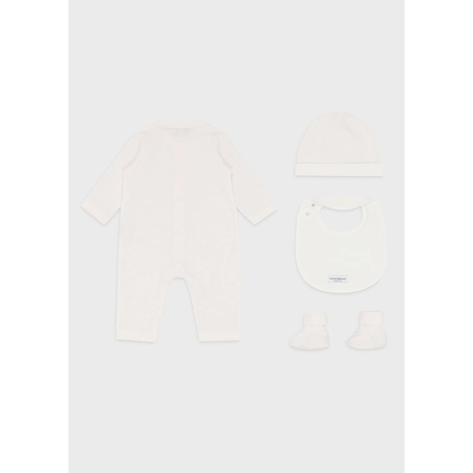 EMPORIO ARMANI KIDS GIFT SET CONSISTING OF OP-ART EAGLE BOOTIES, BIB, ONESIE AND BEANIE - Yooto