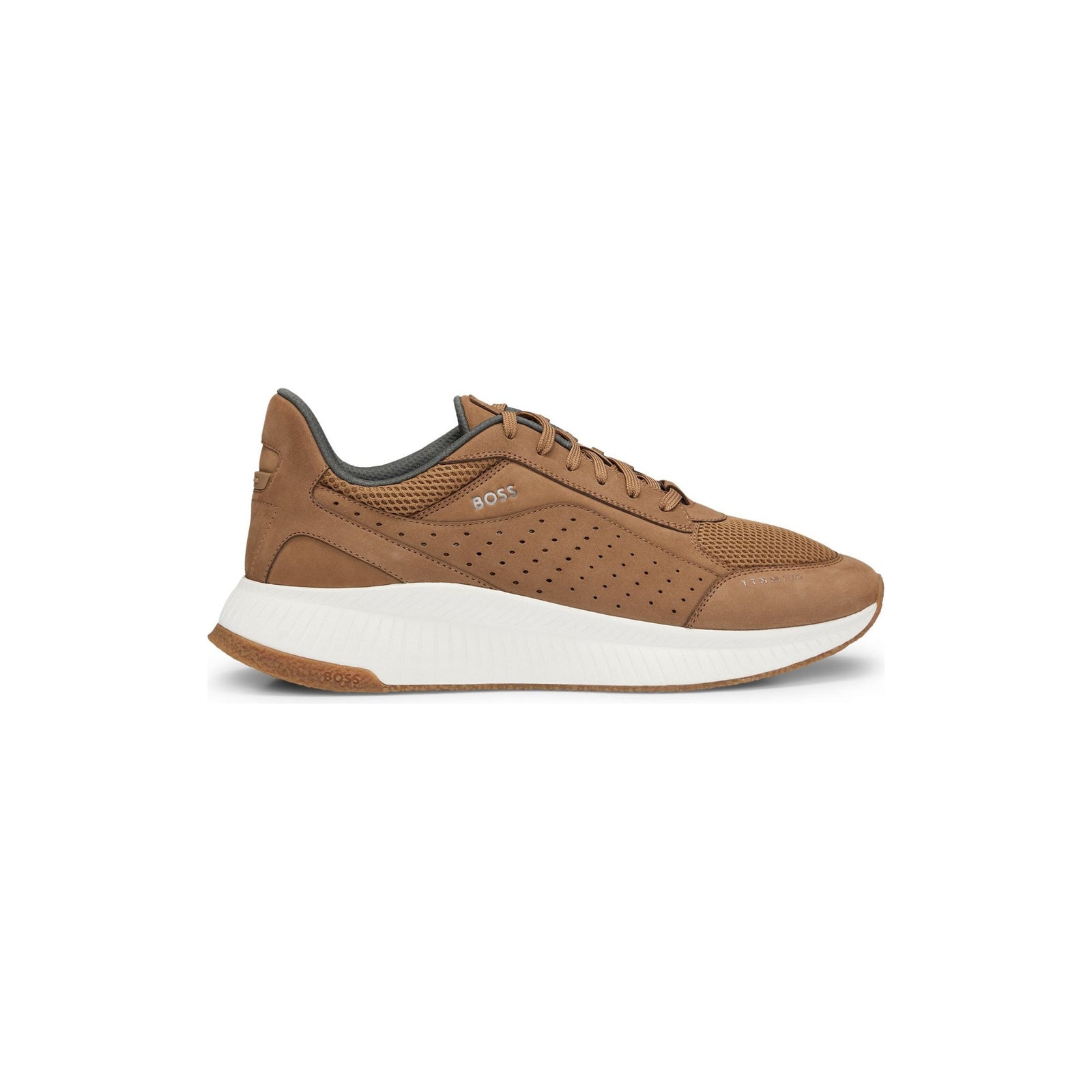 BOSS LEATHER LACE-UP TRAINERS WITH MESH TRIMS - Yooto