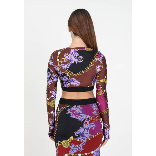 Load image into Gallery viewer, VERSACE JEANS COUTURE BURGUNDY LONG SLEEVE CROP TOP WITH CHAIN COUTURE PRINT - Yooto
