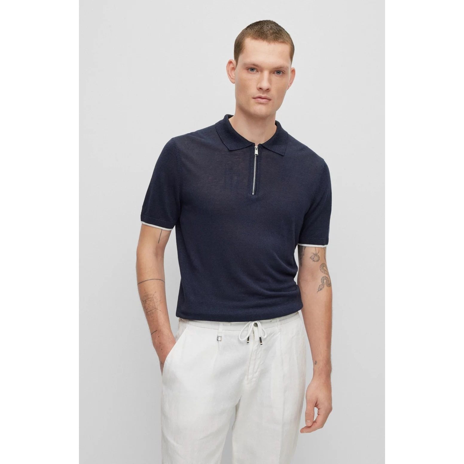 BOSS LINEN-BLEND POLO SWEATER WITH ZIP PLACKET - Yooto