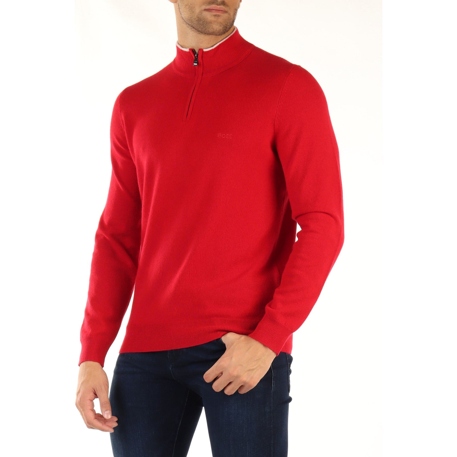 BOSS ZIP-NECK SWEATER IN VIRGIN WOOL WITH EMBROIDERED LOGO - Yooto