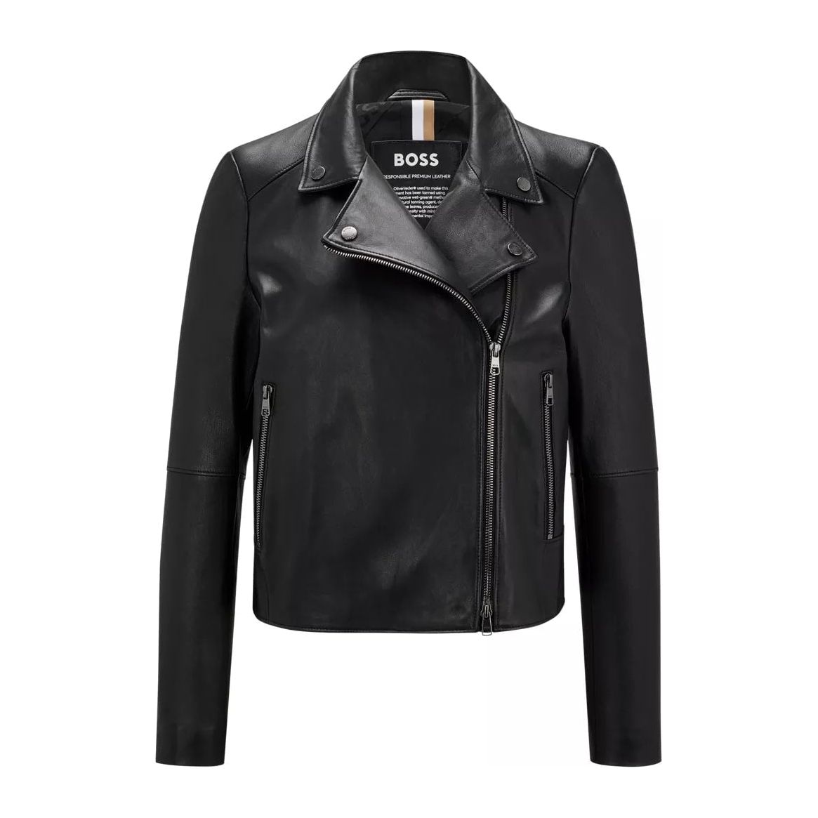 BOSS REGULAR-FIT BIKER JACKET IN OLIVENLEDER WITH MONOGRAM LINING - Yooto