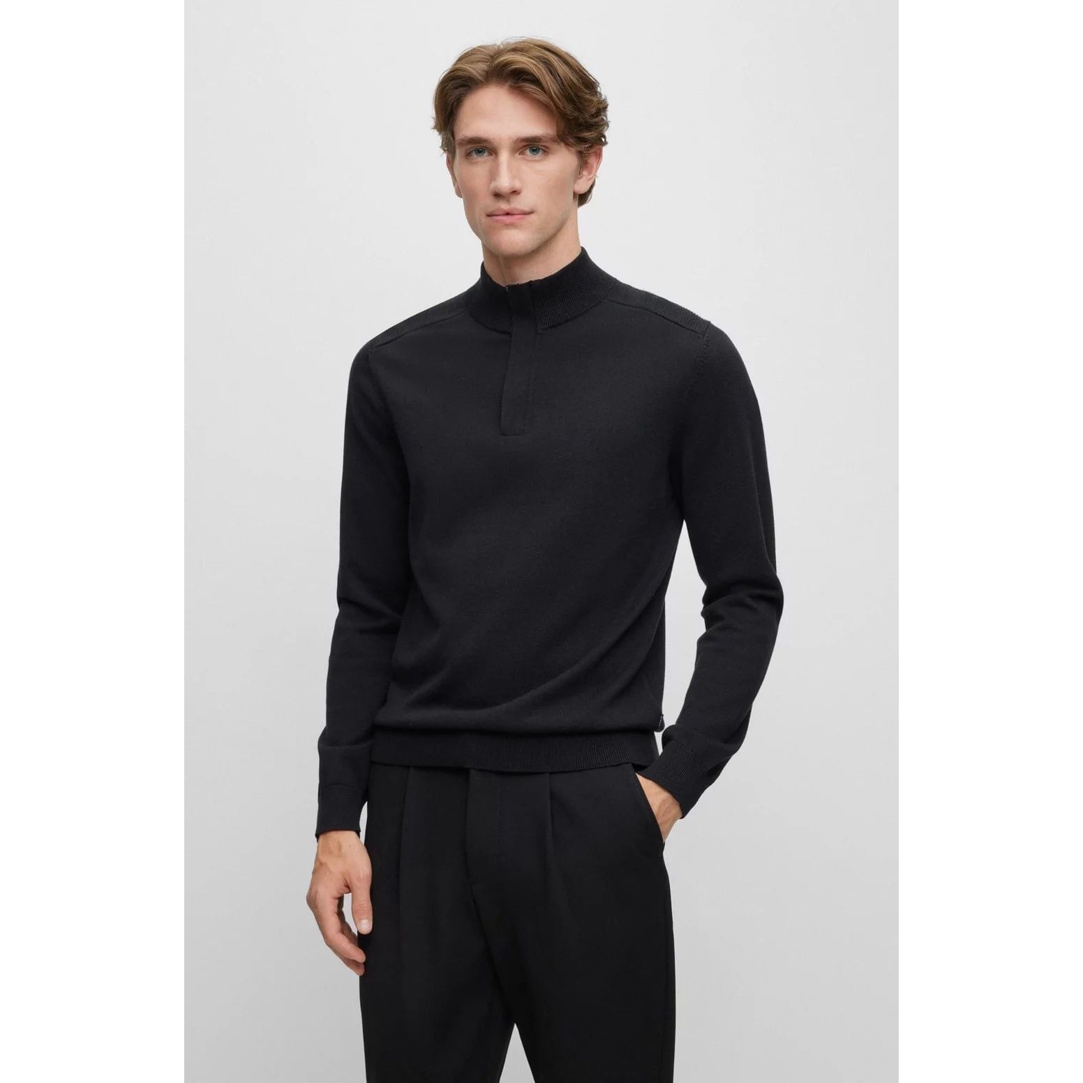 BOSS ZIP-NECK TROYER SWEATER IN COTTON AND VIRGIN WOOL - Yooto