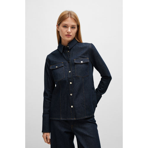 Load image into Gallery viewer, BOSS REGULAR-FIT BLOUSE IN NAVY COMFORT-STRETCH DENIM - Yooto
