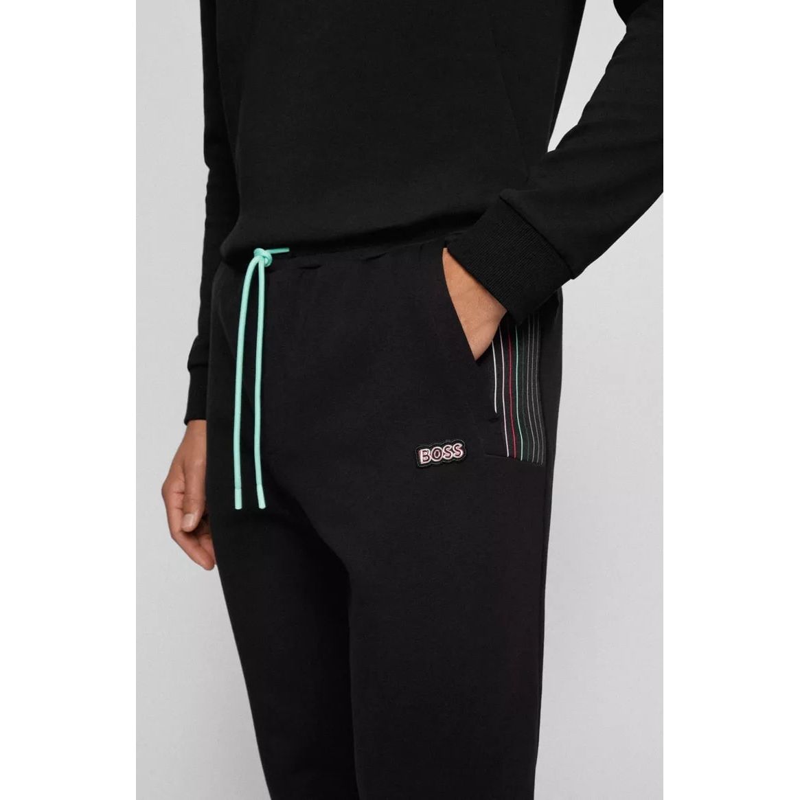 BOSS COTTON-BLEND TRACKSUIT BOTTOMS WITH MULTI-COLOURED STRIPE DETAILS - Yooto