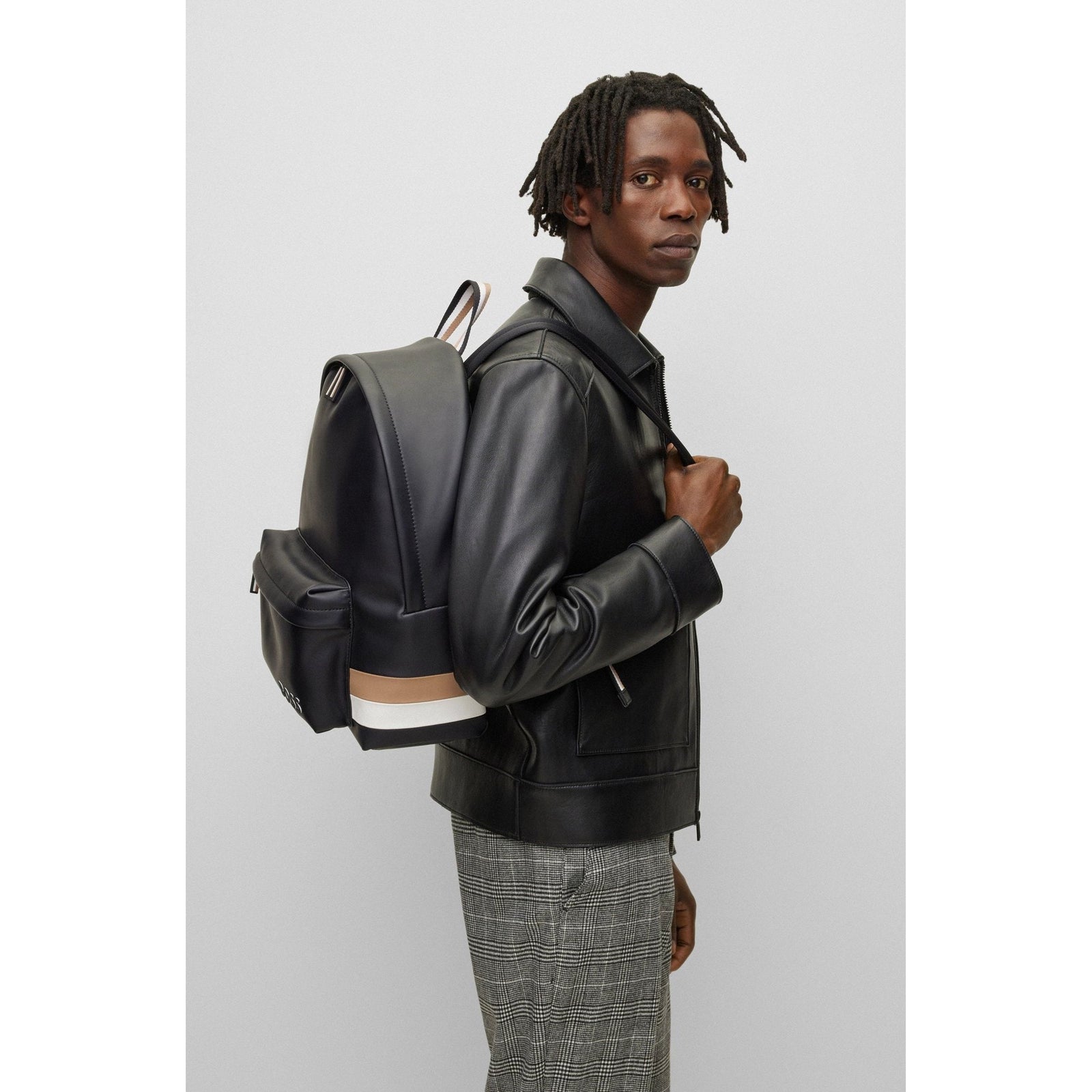 BOSS FAUX-LEATHER BACKPACK WITH SIGNATURE STRIPE - Yooto