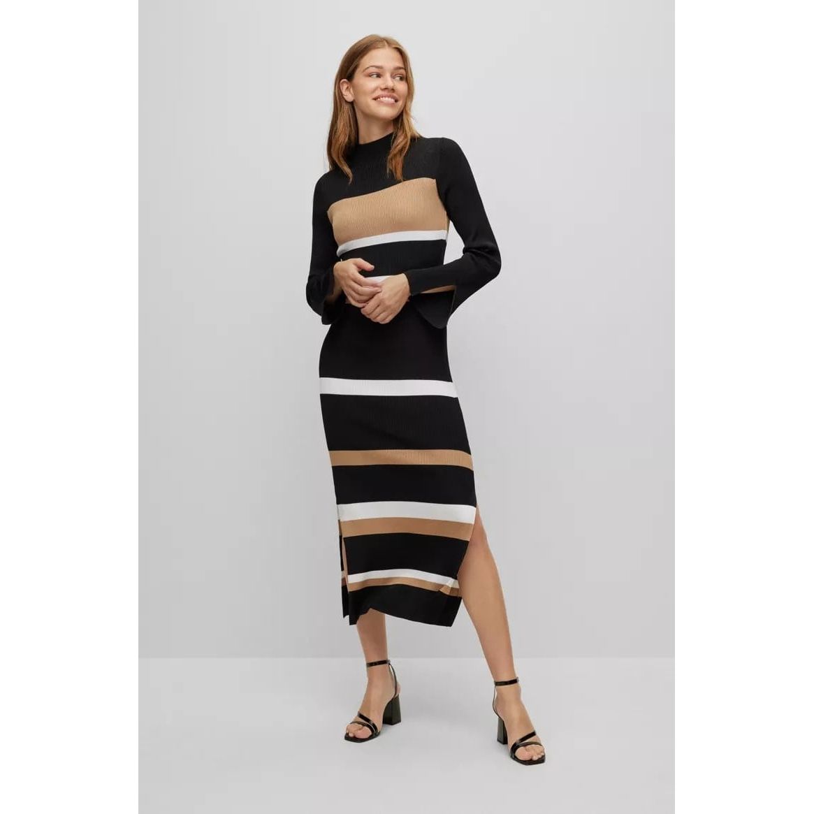 BOSS BLOCK-STRIPE KNITTED DRESS WITH MOCK NECKLINE - Yooto