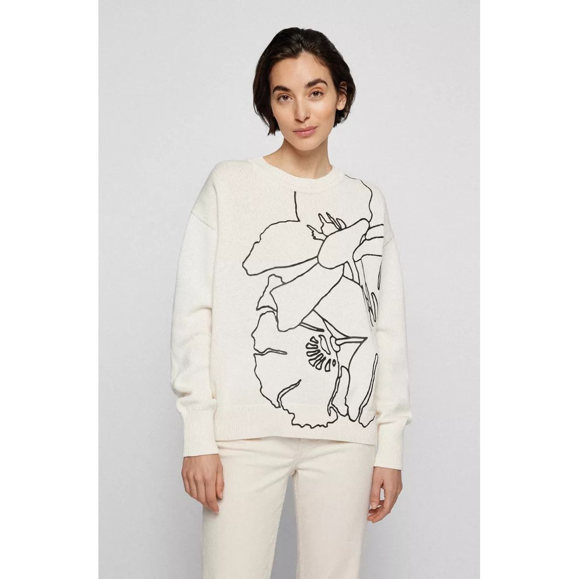 BOSS COTTON-SILK SWEATER WITH ABSTRACT FLOWER PRINT - Yooto