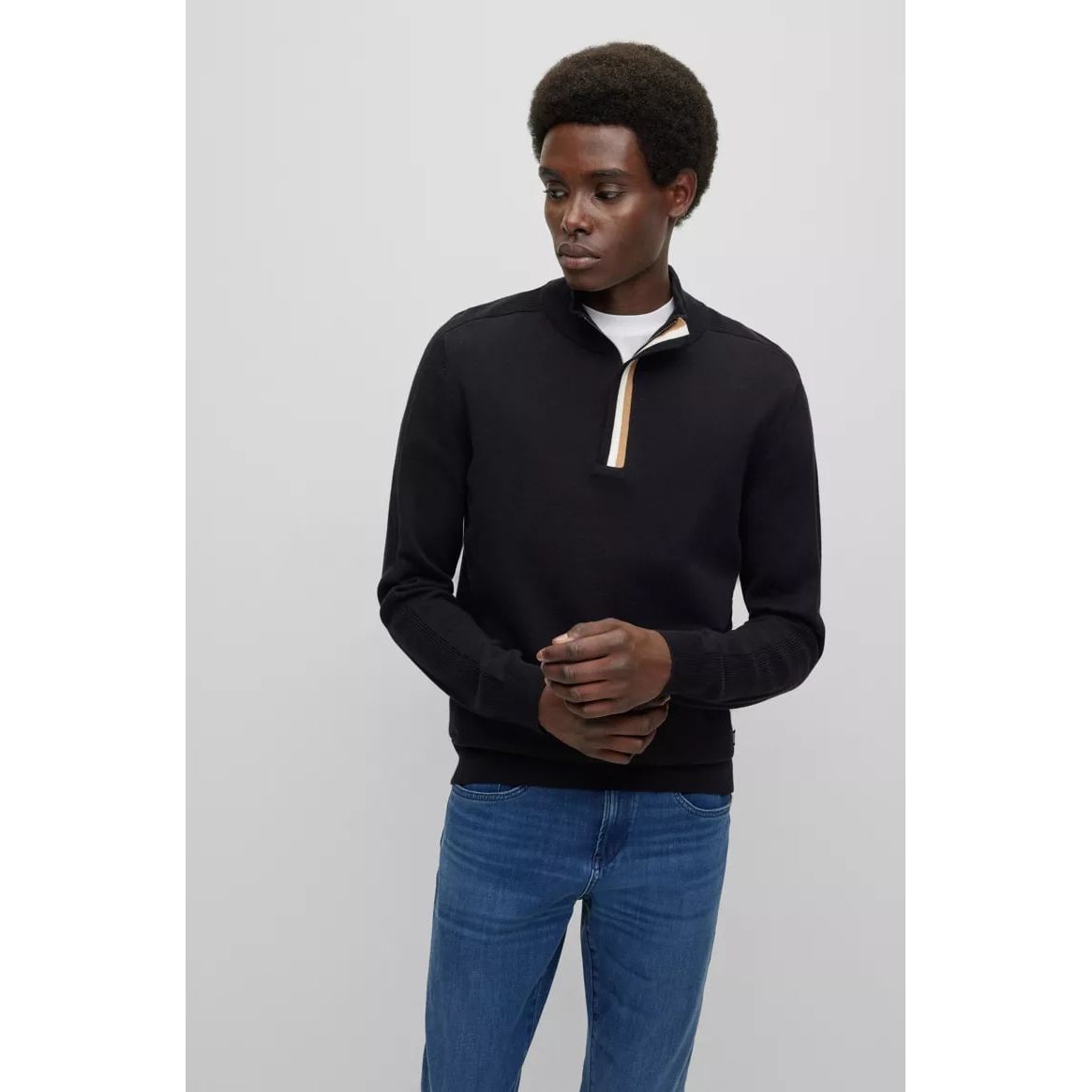 BOSS REGULAR-FIT TROYER SWEATER IN COTTON AND VIRGIN WOOL - Yooto