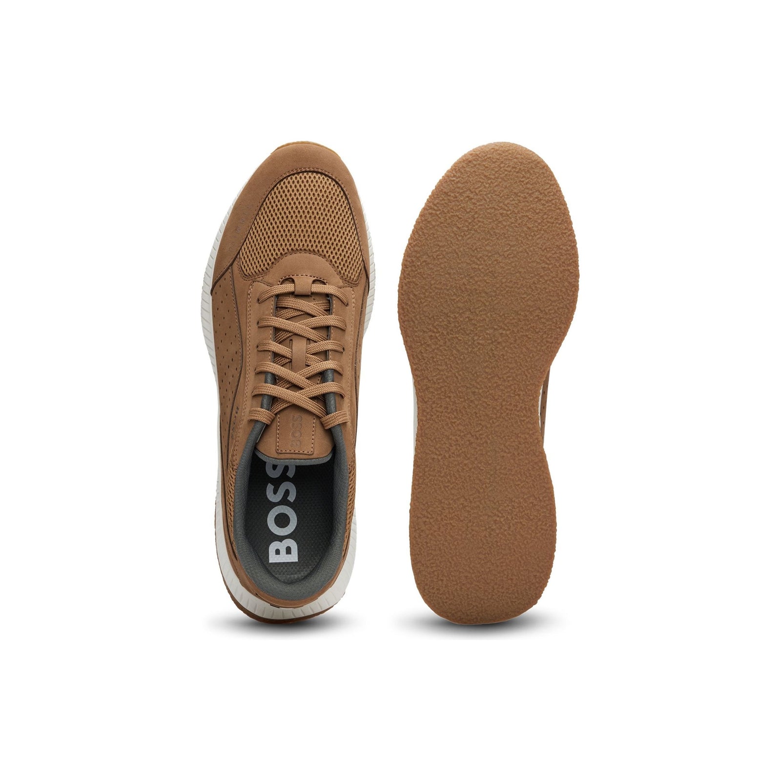BOSS LEATHER LACE-UP TRAINERS WITH MESH TRIMS - Yooto
