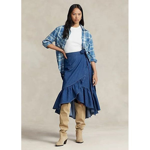 Load image into Gallery viewer, POLO RALPH LAUREN WRAP SKIRT IN CHAMBRAY AND RUFFLES - Yooto
