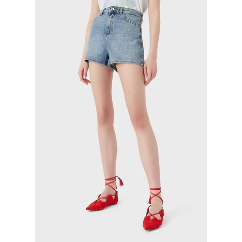 Load image into Gallery viewer, Slim-fit denim shorts with laser-cut logo - Yooto
