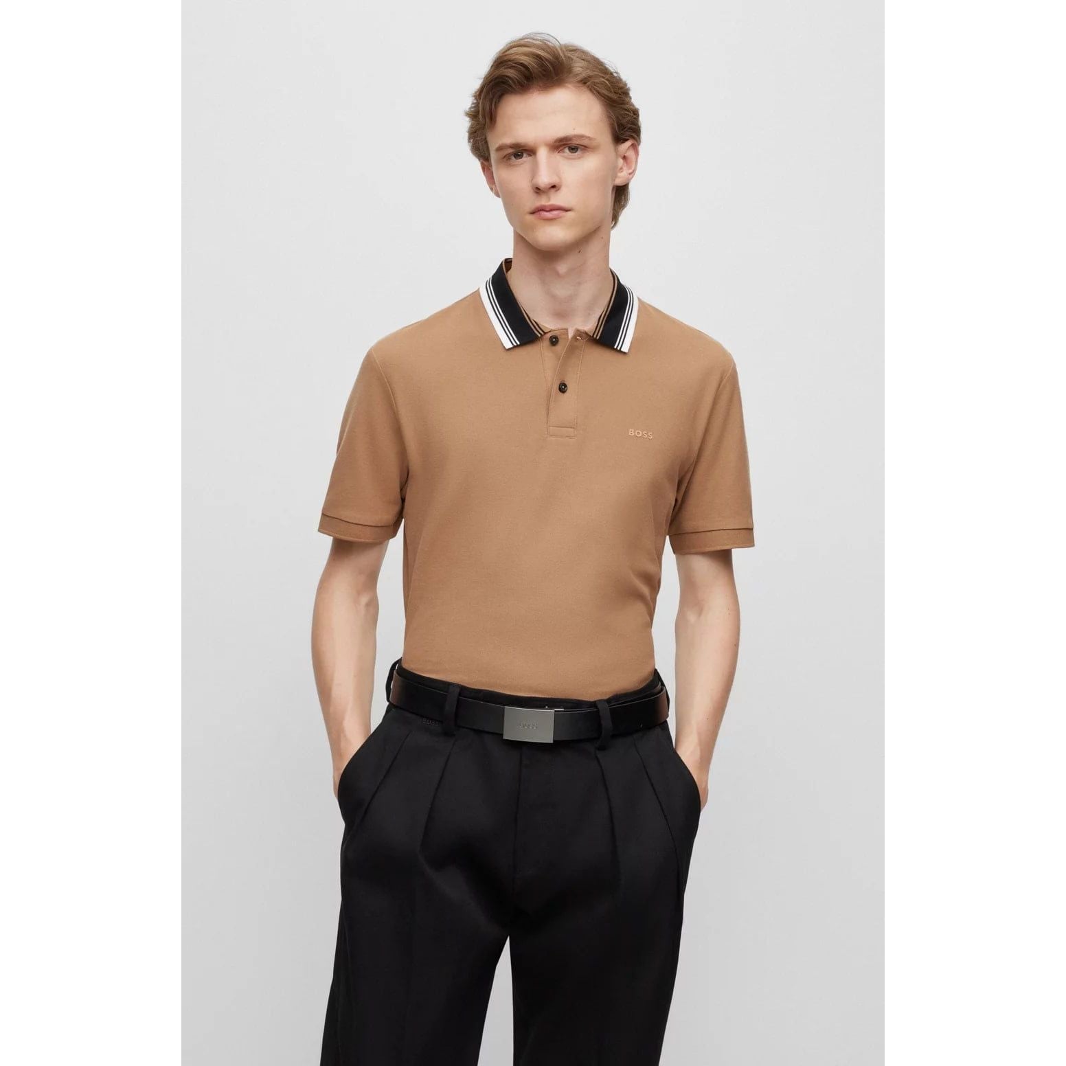 BOSS COTTON-PIQUÉ SLIM-FIT POLO SHIRT WITH STRIPED COLLAR - Yooto