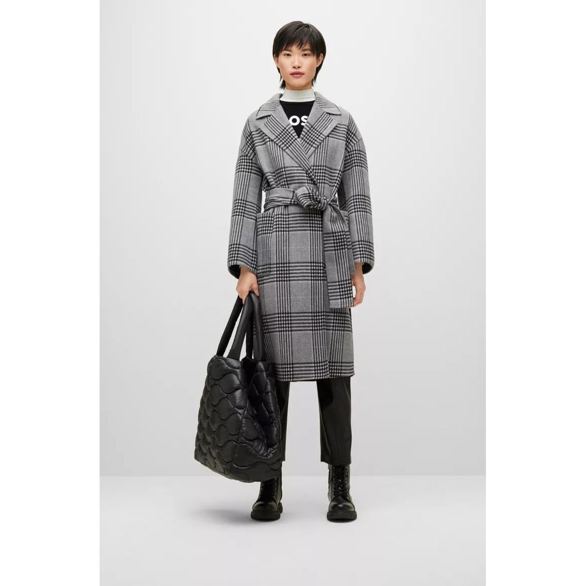 BOSS HOUNDSTOOTH-CHECK FORMAL COAT WITH BELTED CLOSURE - Yooto