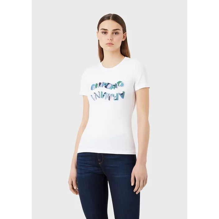 EMPORIO ARMANI ORGANIC STRETCH-JERSEY T-SHIRT WITH MULTICOLOURED RHINESTONE LOGO - Yooto