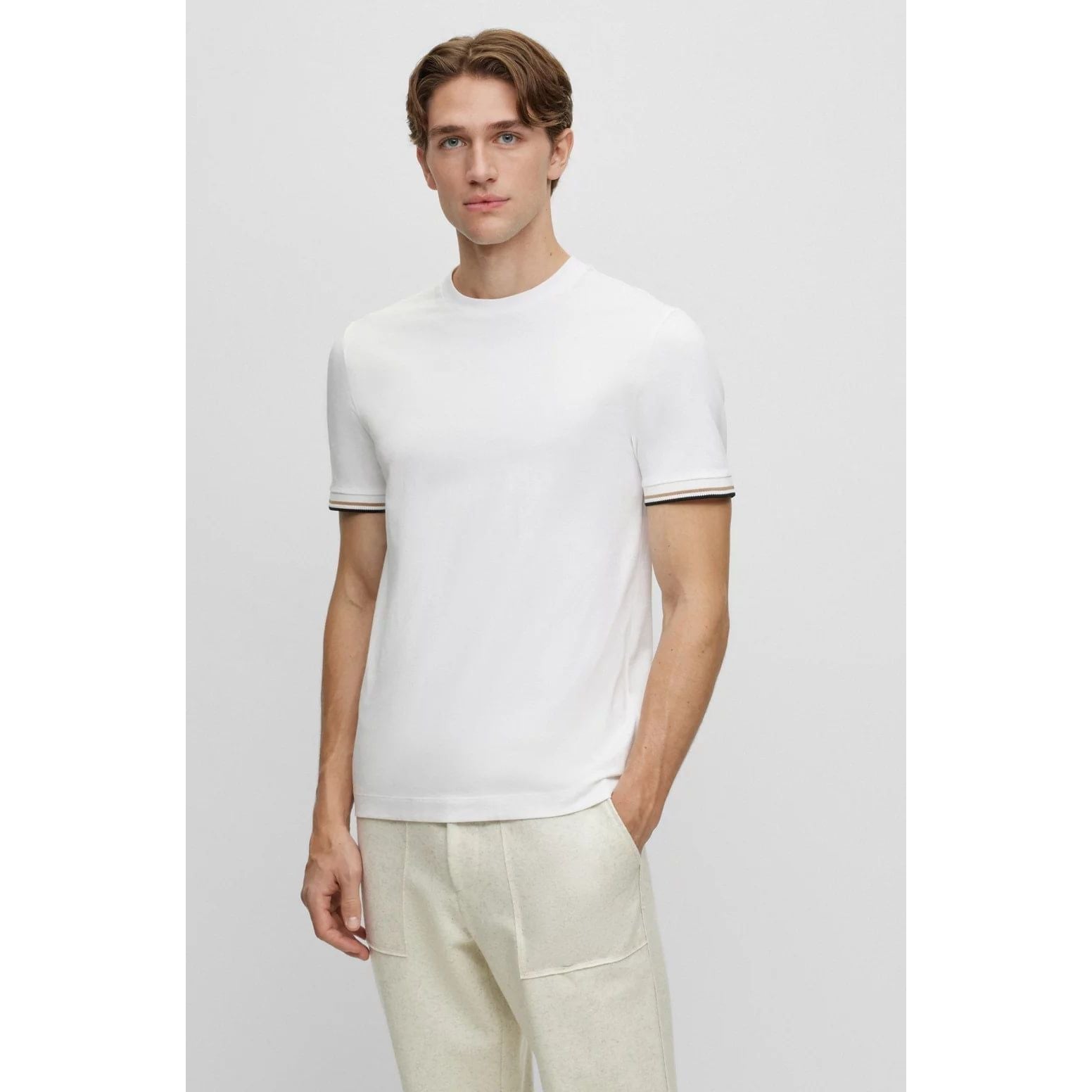 BOSS COTTON-JERSEY T-SHIRT WITH SIGNATURE-STRIPE CUFFS - Yooto