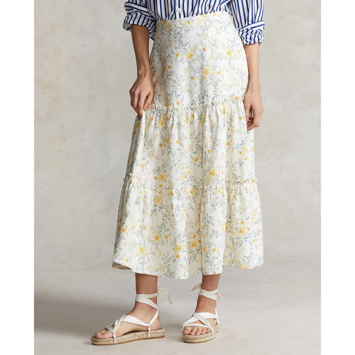 Load image into Gallery viewer, Floral Two-Tiered Linen Midi Skirt - Yooto
