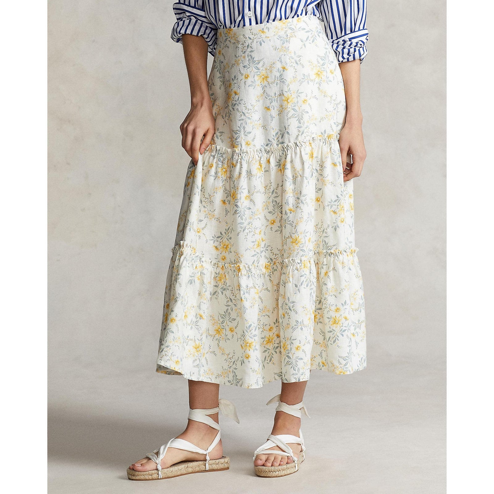 Floral Two-Tiered Linen Midi Skirt - Yooto