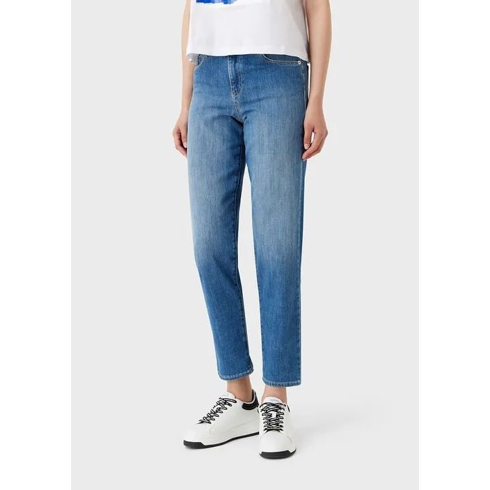 EMPORIO ARMANI J90 MEDIUM-WAISTED, RELAXED-FIT LEG, JEANS IN COMFORT DENIM WITH LASER-CUT EAGLES - Yooto