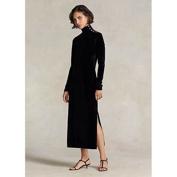 POLO RALPH LAUREN STRETCH VELVET ROLL NECK MIDI DRESS - Yooto