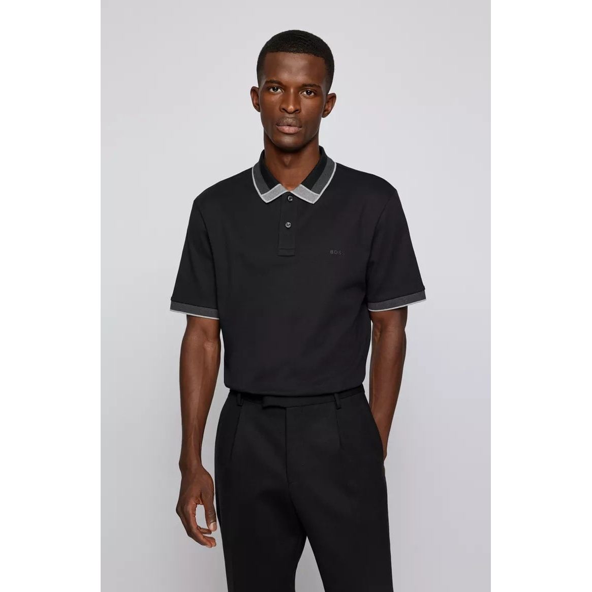 BOSS INTERLOCK-COTTON POLO SHIRT WITH COLOUR-BLOCKED COLLAR - Yooto