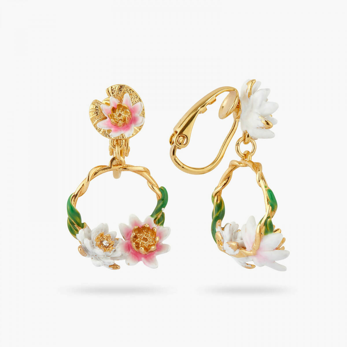 PINK AND WHITE WATER LILY ASYMMETRICAL CLIP-ON EARRINGS - Yooto