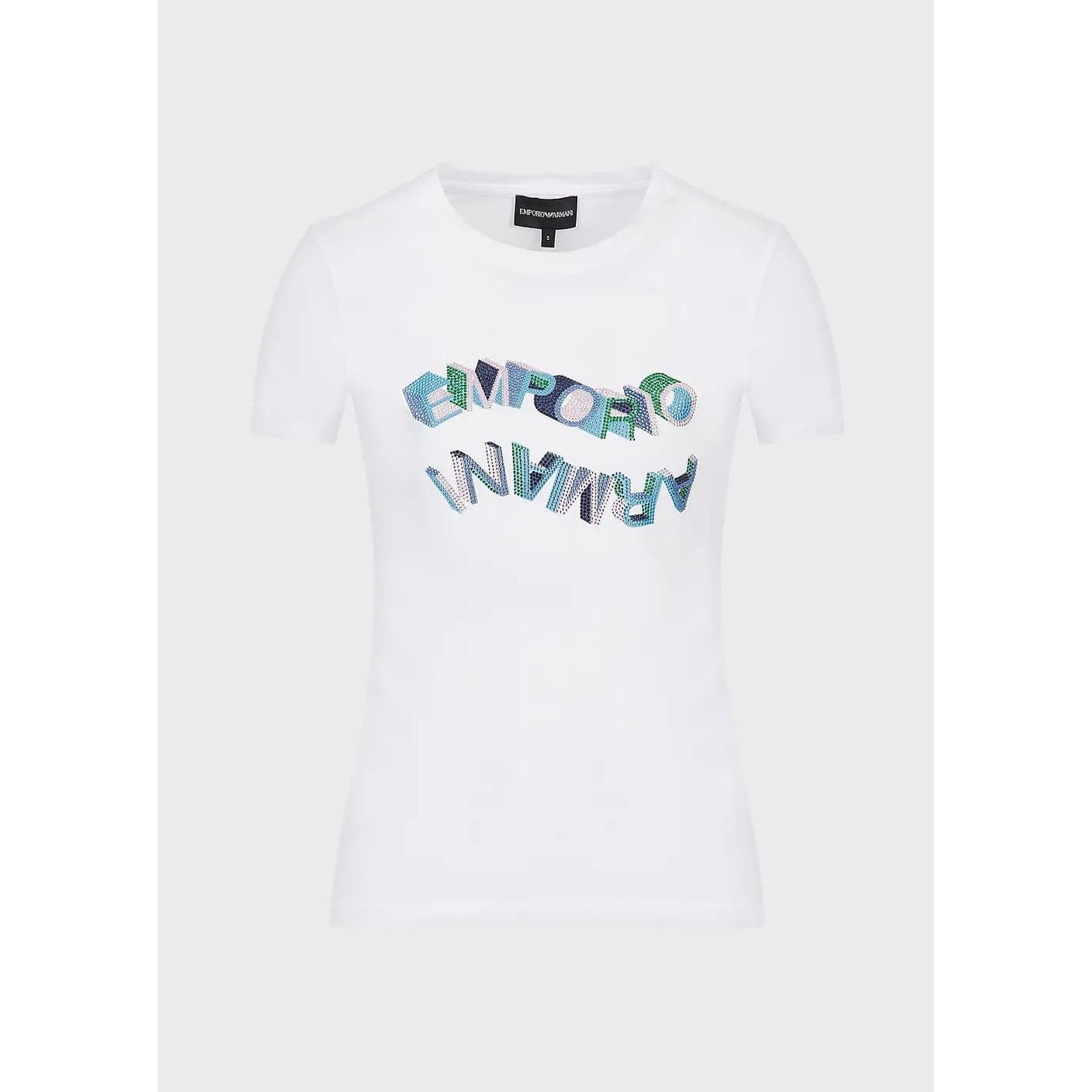 EMPORIO ARMANI ORGANIC STRETCH-JERSEY T-SHIRT WITH MULTICOLOURED RHINESTONE LOGO - Yooto