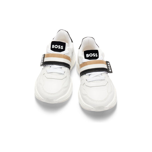Load image into Gallery viewer, BOSS KIDSLEATHER TRAINERS WITH STRIPES AND LOGOS - Yooto
