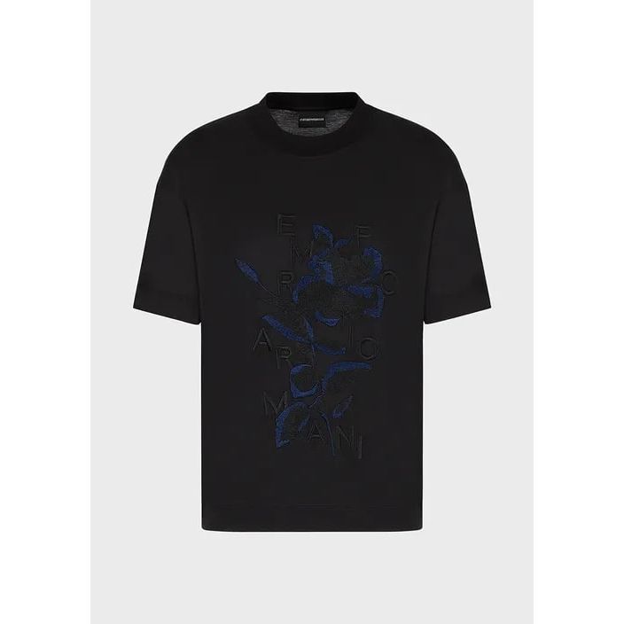 EMPORIO ARMANI TENCEL-BLEND JERSEY T-SHIRT WITH OVERSIZED FLOWER EMBROIDERY AND LOGO - Yooto