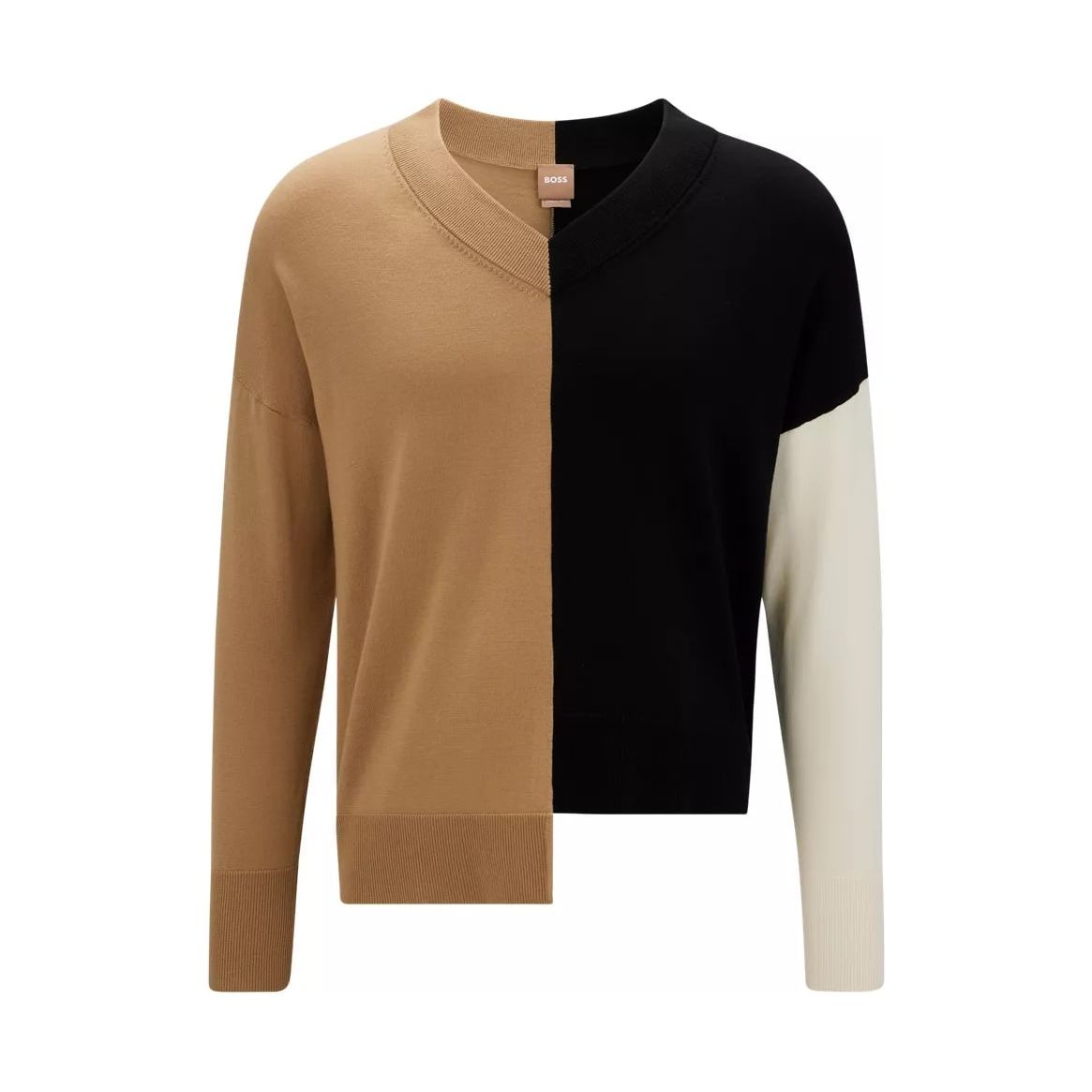 BOSS VIRGIN-WOOL SWEATER WITH COLOUR-BLOCKING AND SPLIT HEM - Yooto