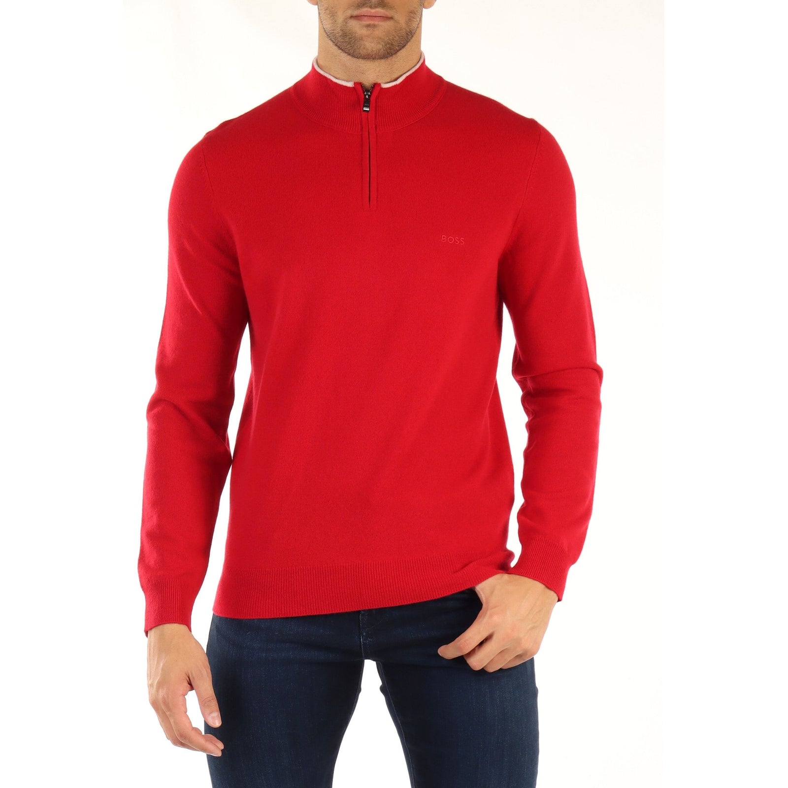 BOSS ZIP-NECK SWEATER IN VIRGIN WOOL WITH EMBROIDERED LOGO - Yooto