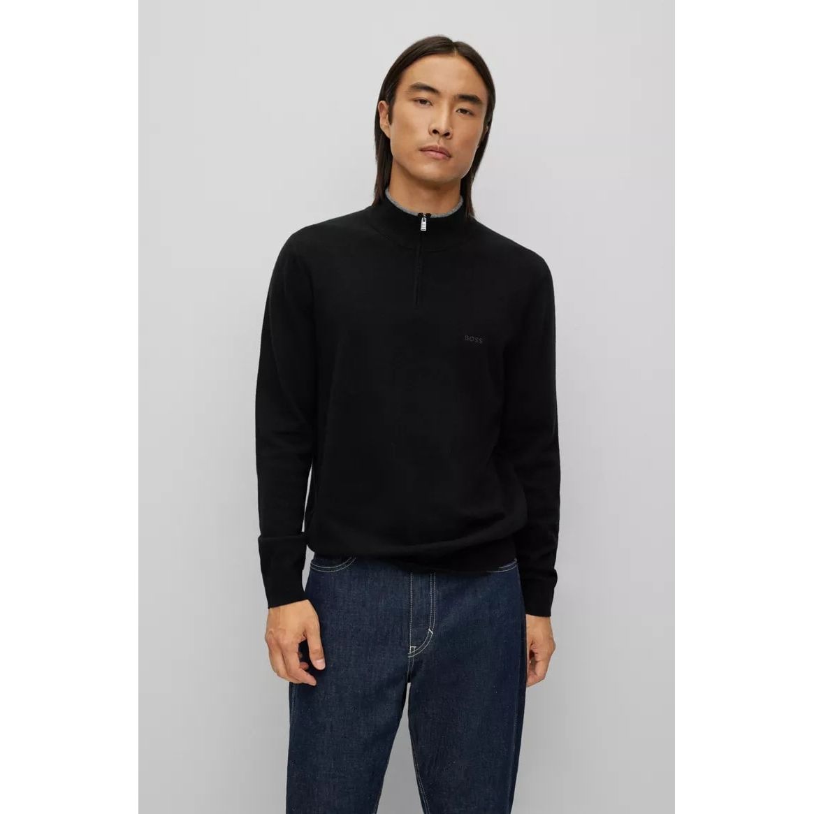 BOSS ZIP-NECK SWEATER IN VIRGIN WOOL WITH EMBROIDERED LOGO - Yooto