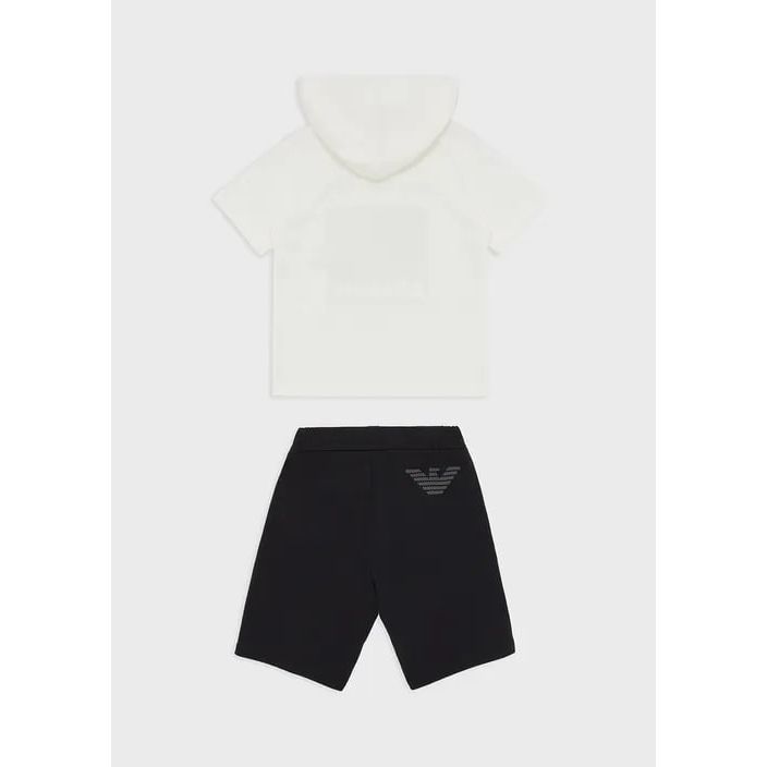 EMPORIO ARMANI  KIDS ORGANIC-JERSEY T-SHIRT AND BOARD SHORTS SET WITH OVERSIZED EAGLE WITH OP-ART STRIPES - Yooto