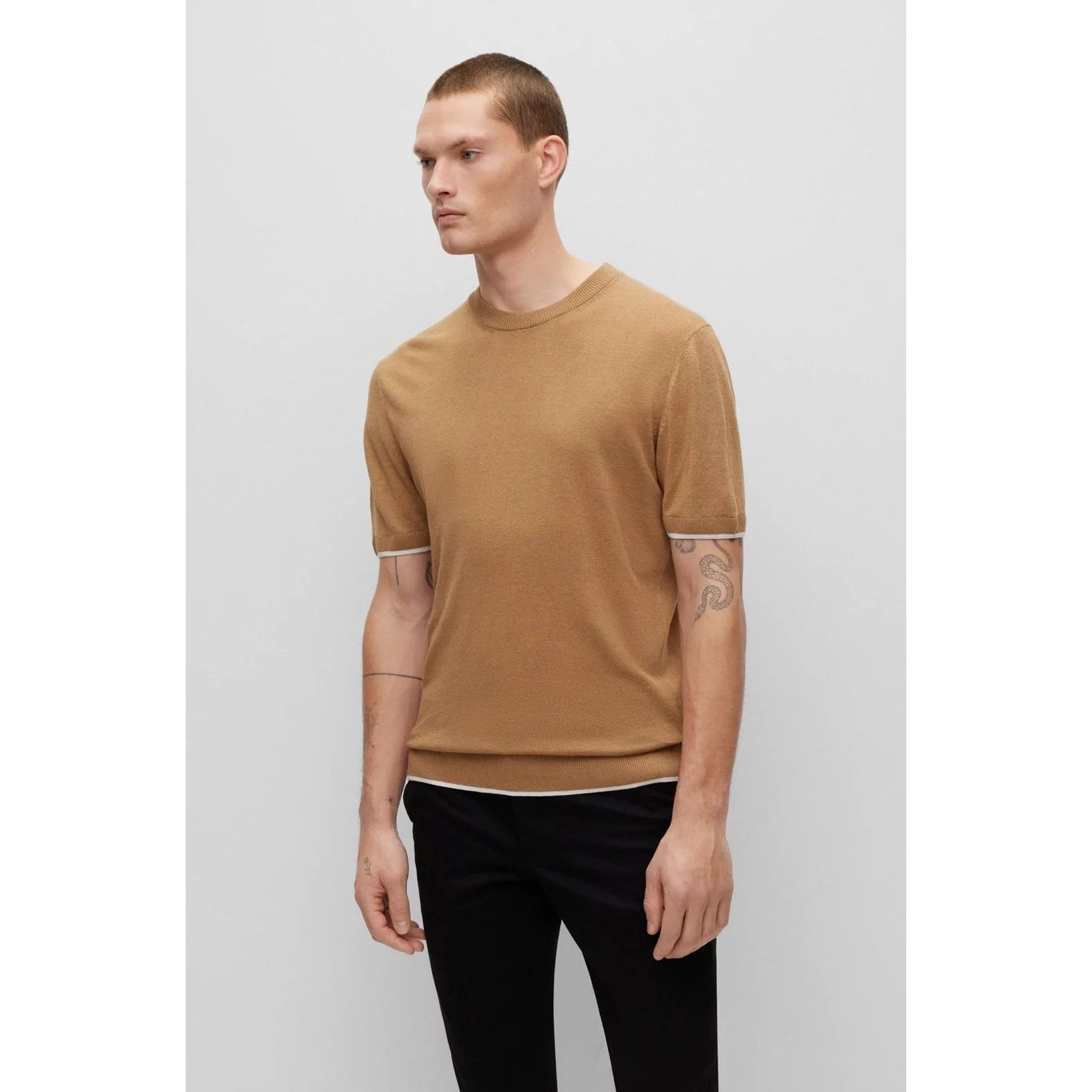 BOSS LINEN-BLEND REGULAR-FIT SWEATER WITH ACCENT TIPPING - Yooto