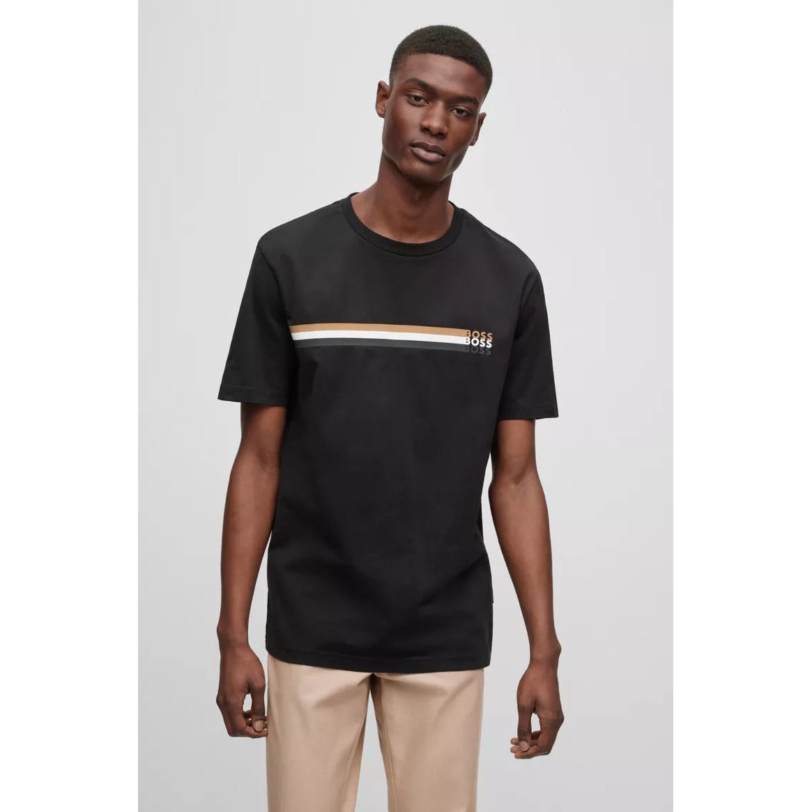 BOSS COTTON-JERSEY T-SHIRT WITH SIGNATURE-STRIPE LOGO PRINT - Yooto