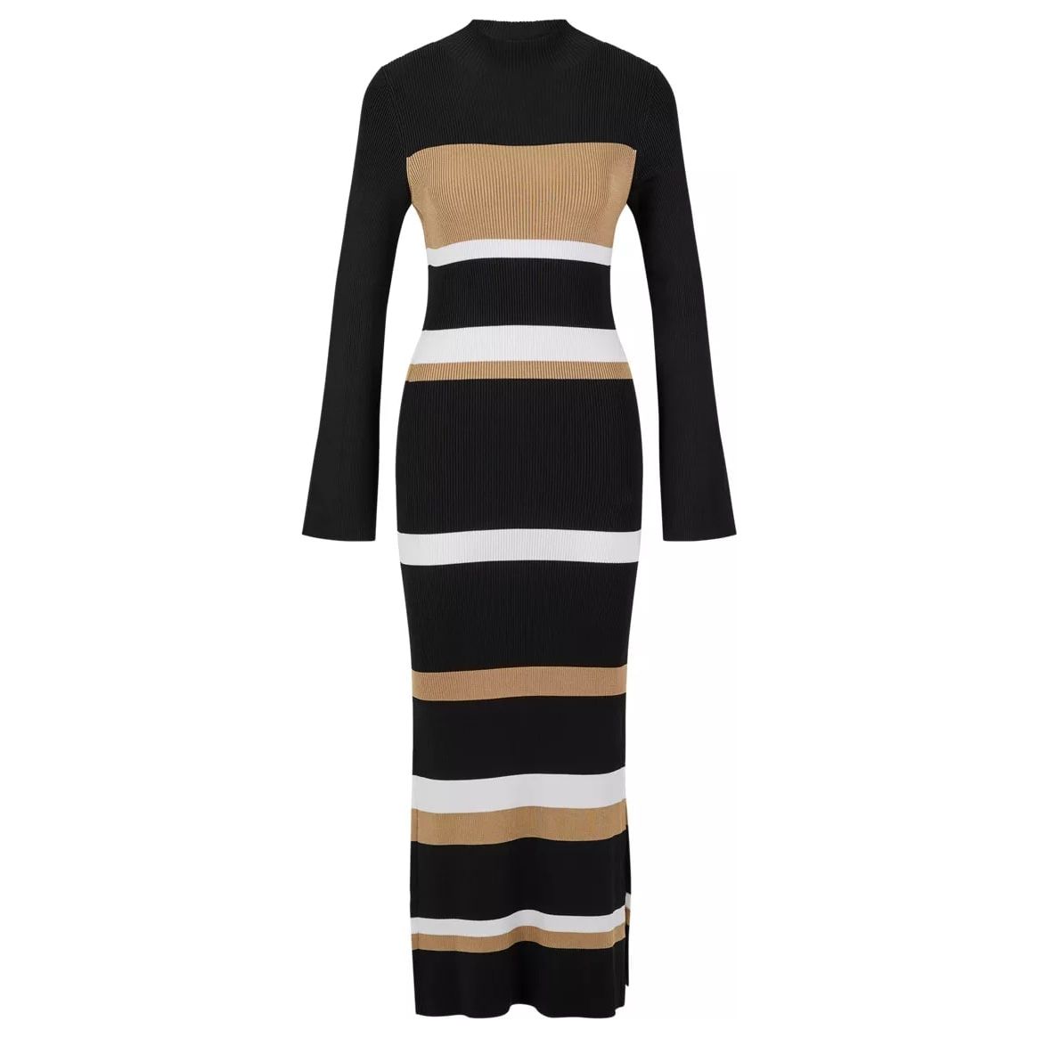 BOSS BLOCK-STRIPE KNITTED DRESS WITH MOCK NECKLINE - Yooto