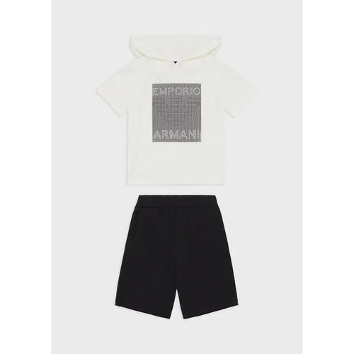 Load image into Gallery viewer, EMPORIO ARMANI  KIDS ORGANIC-JERSEY T-SHIRT AND BOARD SHORTS SET WITH OVERSIZED EAGLE WITH OP-ART STRIPES - Yooto
