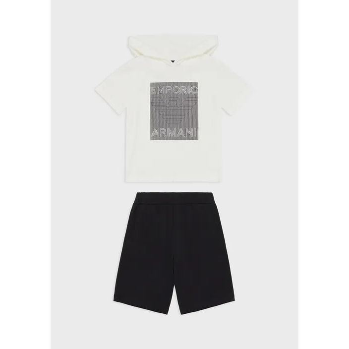 EMPORIO ARMANI  KIDS ORGANIC-JERSEY T-SHIRT AND BOARD SHORTS SET WITH OVERSIZED EAGLE WITH OP-ART STRIPES - Yooto