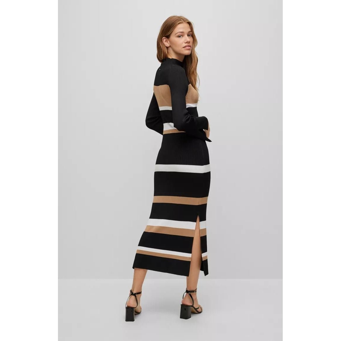 BOSS BLOCK-STRIPE KNITTED DRESS WITH MOCK NECKLINE - Yooto