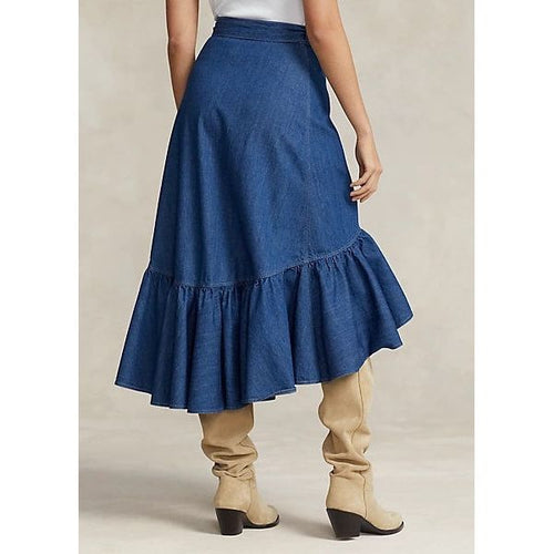 Load image into Gallery viewer, POLO RALPH LAUREN WRAP SKIRT IN CHAMBRAY AND RUFFLES - Yooto
