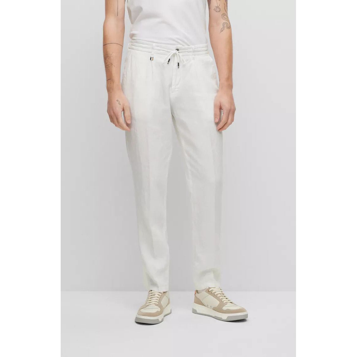 BOSS PLEAT-FRONT TROUSERS IN PURE LINEN WITH DRAWCORD - Yooto