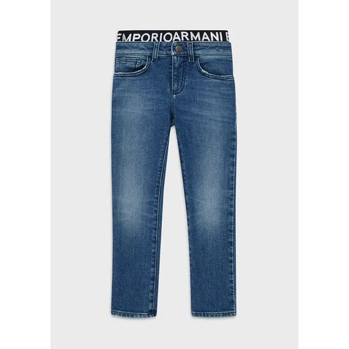 Ներբեռնեք պատկերը Պատկերասրահի դիտիչում՝ EMPORIO ARMANI  KIDS J17 Denim jeans with logo insert at the waist - Yooto
