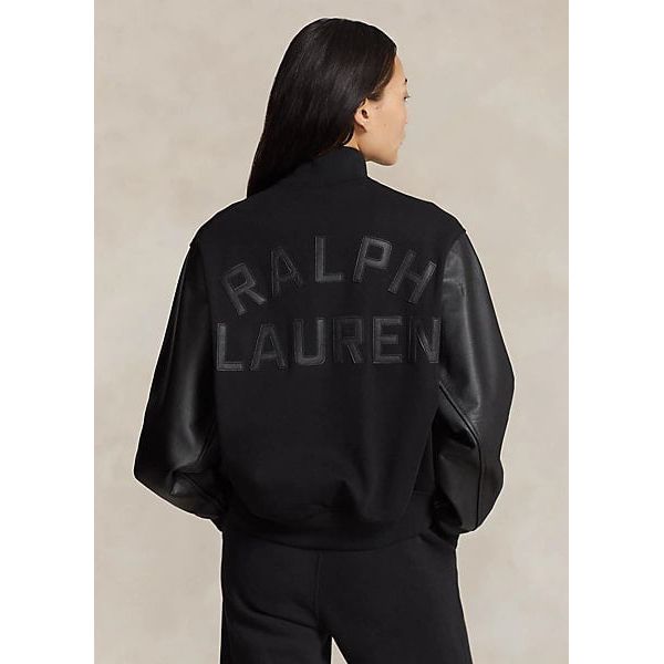 POLO RALPH LAUREN LOGO LEATHER-TRIM FLEECE BOMBER JACKET - Yooto