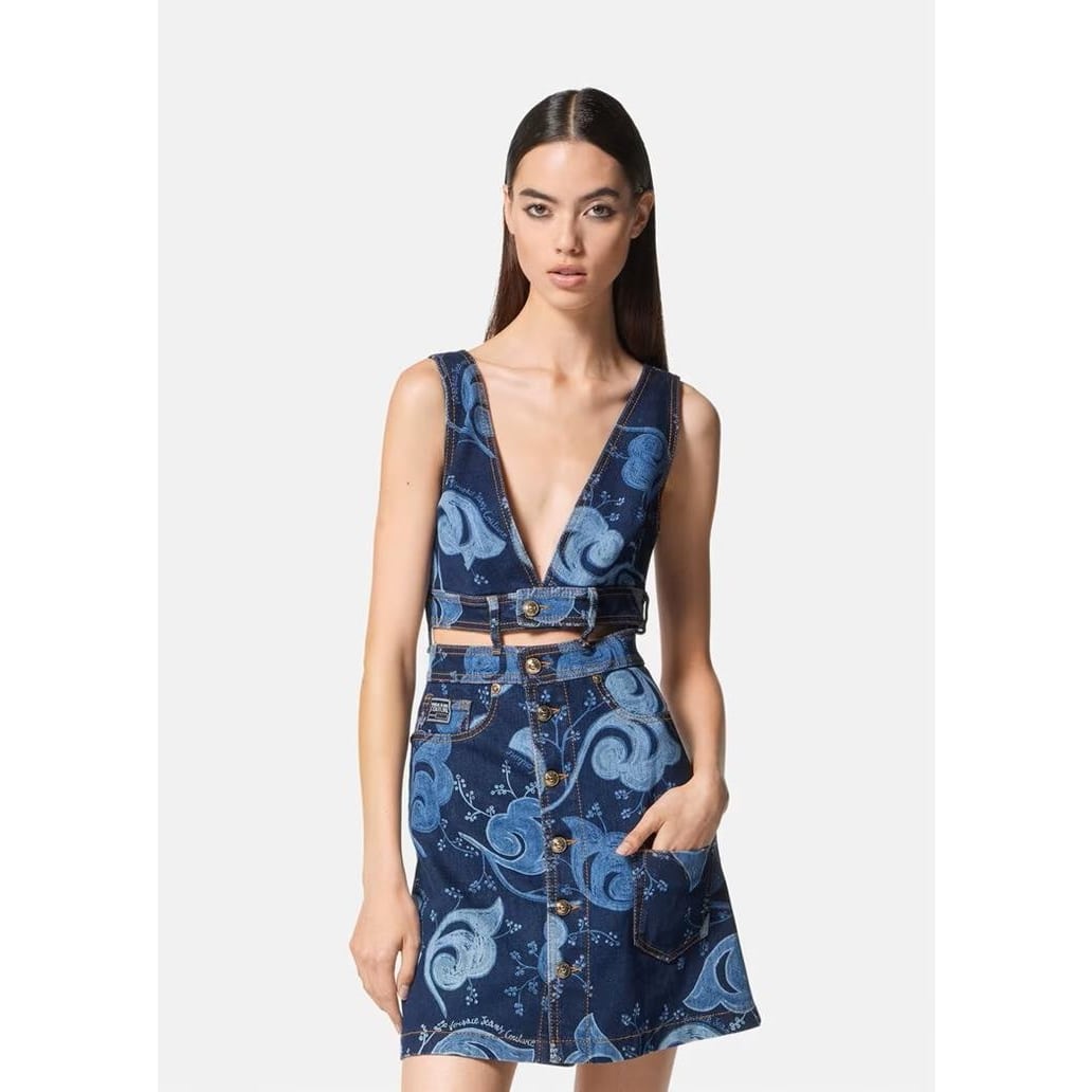 VERSACE JEANS COUTURE PATTERNED V-NECK DRESS WITH BELT - Yooto